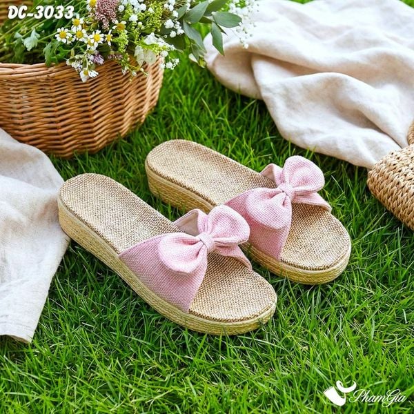 Dép Cói Quai Nơ Canvas Đế Cao 4cm Màu Hồng Pastel (DC3033)