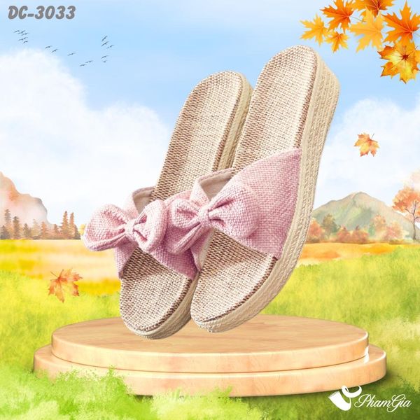 Dép Cói Quai Nơ Canvas Đế Cao 4cm Màu Hồng Pastel (DC3033)