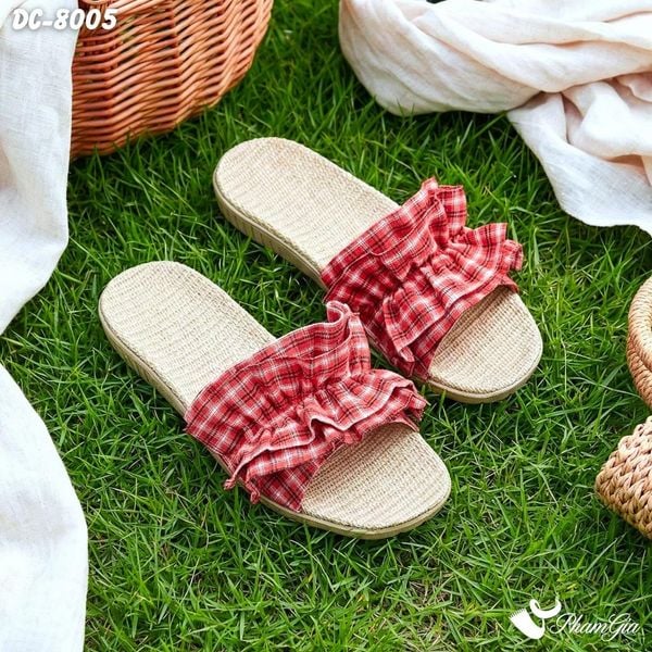 Dép Cói Quai Ngang Cao Cấp Phối Bèo Họa Tiết Caro Màu Cam Carot (DC8005)