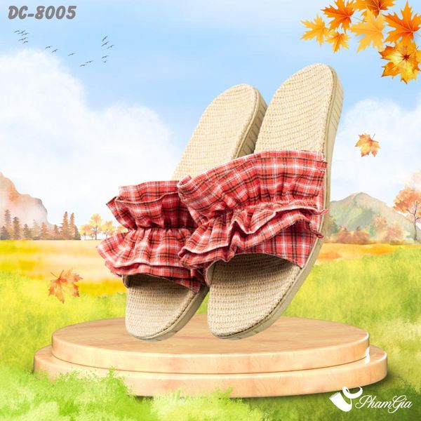 Dép Cói Quai Ngang Cao Cấp Phối Bèo Họa Tiết Caro Màu Cam Carot (DC8005)