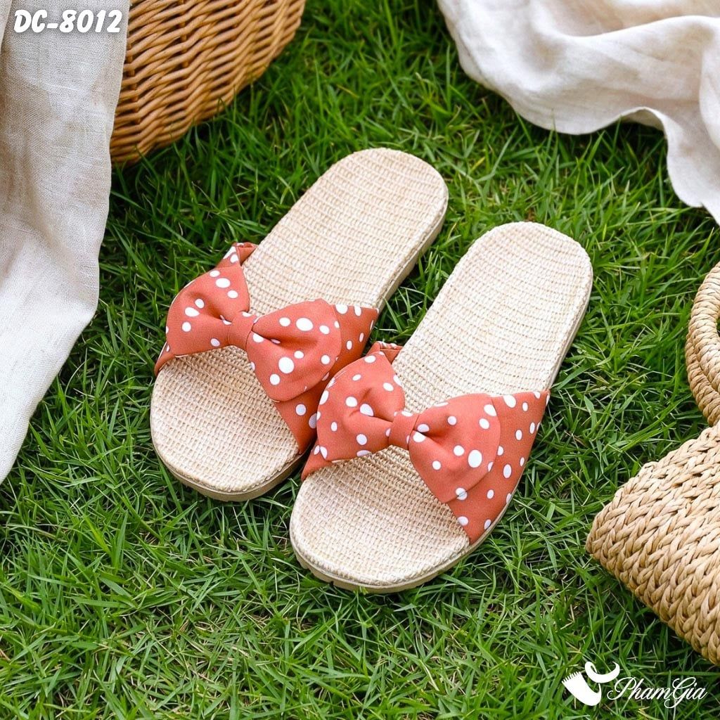 Dép Cói Quai Nơ Cao Cấp Phối Họa Tiết Chấm Bi Màu Đỏ Cam (DC8012)