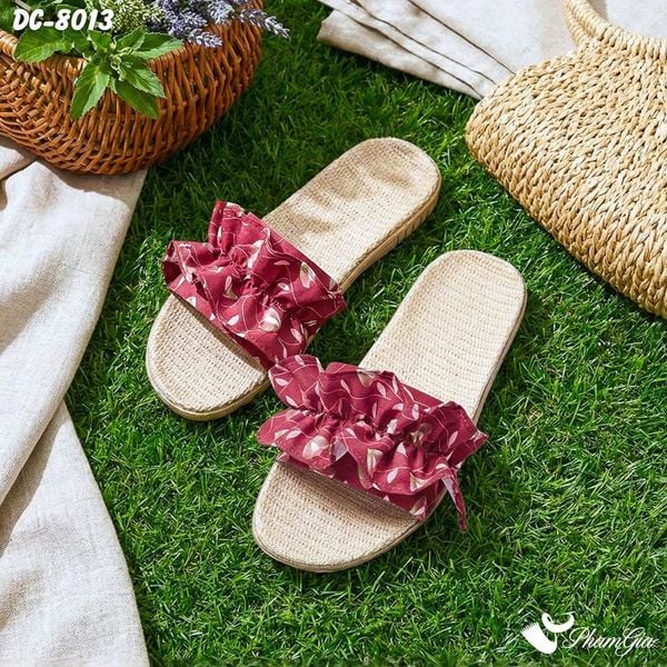 Dép Cói Quai Ngang Cao Cấp Phối Bèo Họa Tiết Hoa Lá Màu Đỏ Đô (DC8013)