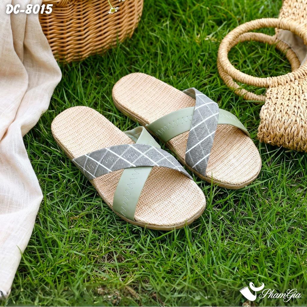 Dép Cói Quai Chéo Cao Cấp Họa Tiết Caro Phối Màu Xanh Rêu - Xám Ghi (DC8015)