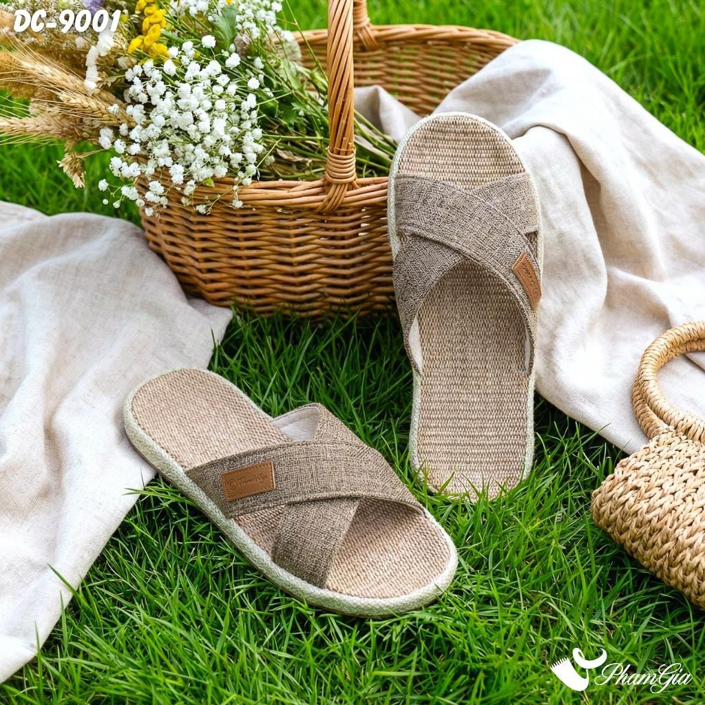 Dép Cói Quai Chéo Bo Viền Canvas Cao Cấp Màu Nâu Beige (DC9001)