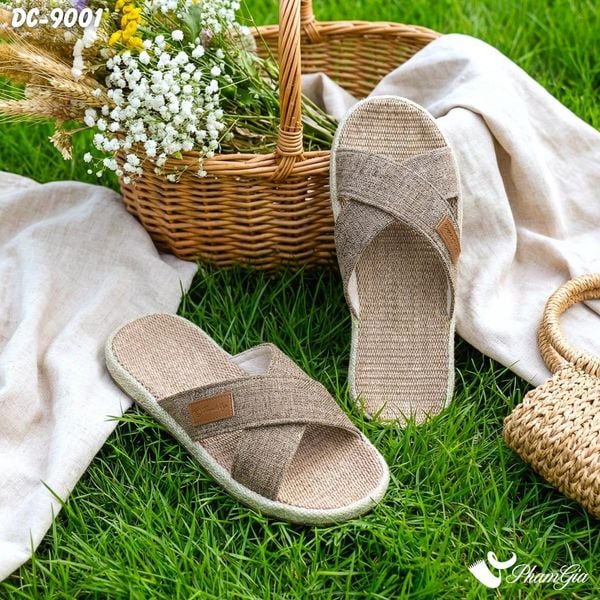 Dép Cói Quai Chéo Bo Viền Canvas Cao Cấp Màu Nâu Beige (DC9001)