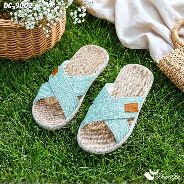 Dép Cói Quai Chéo Bo Viền Canvas Cao Cấp Màu Xanh Ngọc (DC9002)