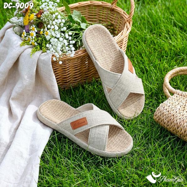 Dép Cói Quai Chéo Bo Viền Canvas Cao Cấp Màu Beige Kem (DC9009)