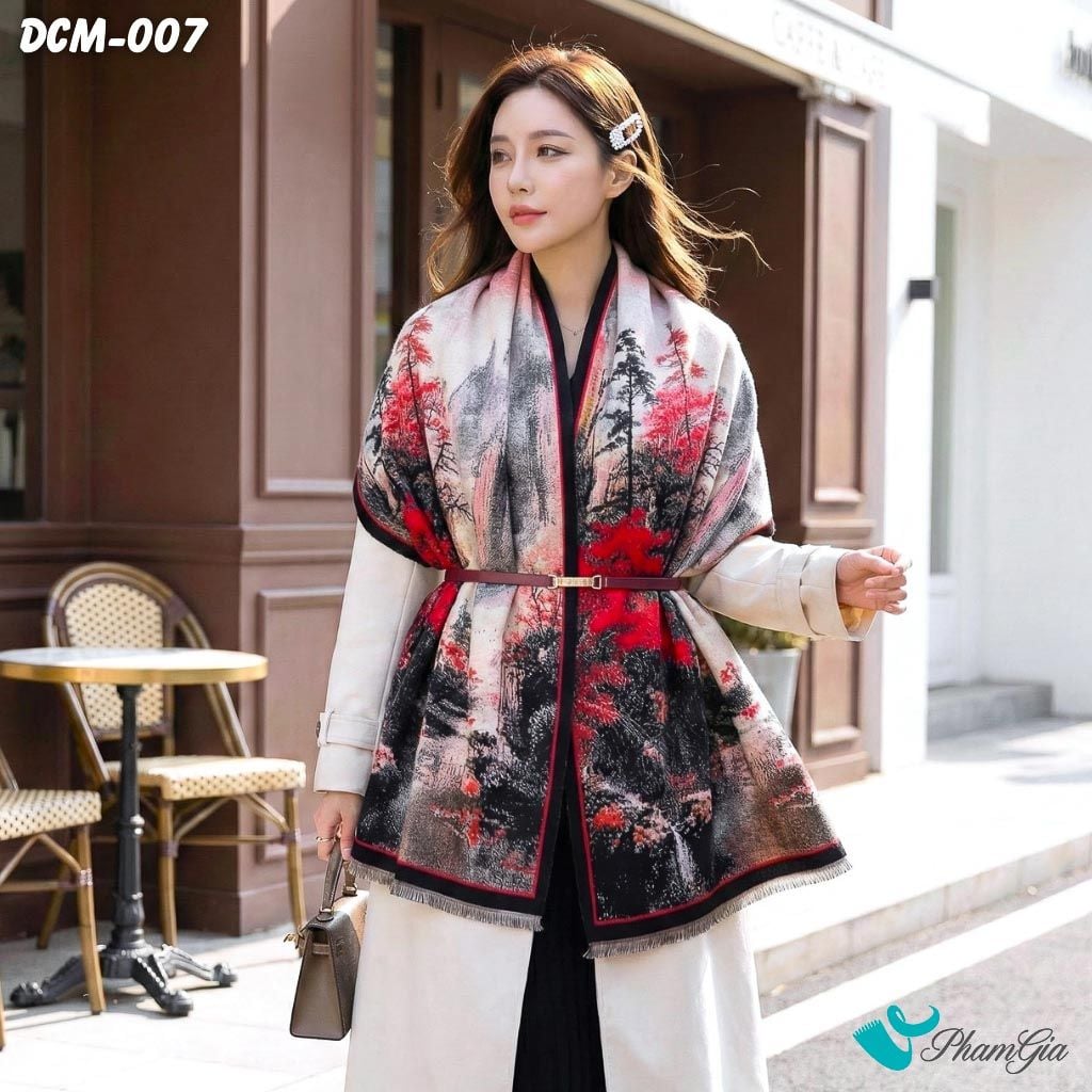 Khăn Choàng Dạ Cashmere 3D Cao Cấp Họa Tiết Tranh Thủy Mặc (DCM007)