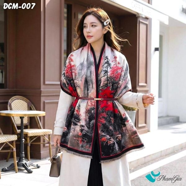 Khăn Choàng Dạ Cashmere 3D Cao Cấp Họa Tiết Tranh Thủy Mặc (DCM007)