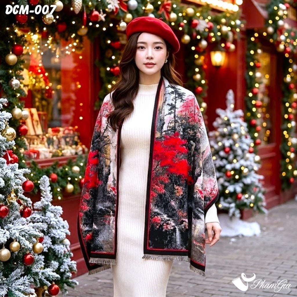 Khăn Choàng Dạ Cashmere 3D Cao Cấp Họa Tiết Tranh Thủy Mặc (DCM007)