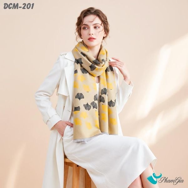 Khăn Choàng Dạ De Cash Giữ Ấm Cao Cấp Họa Tiết Lá Rẻ Quạt Màu Beige (DCM201)