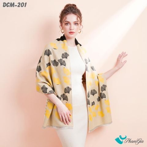 Khăn Choàng Dạ De Cash Giữ Ấm Cao Cấp Họa Tiết Lá Rẻ Quạt Màu Beige (DCM201)