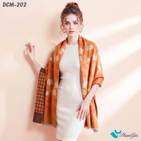 Khăn Choàng Dạ De Cash Giữ Ấm Cao Cấp Họa Tiết Lá Rẻ Quạt Màu Vàng Đất (DCM202)