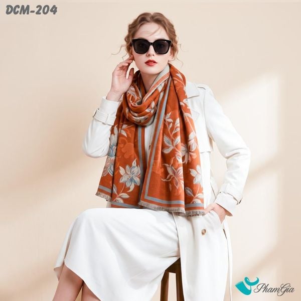 Khăn Choàng Dạ De Cash Giữ Ấm Cao Cấp Họa Tiết Hoa Lan Màu Cam Đất (DCM204)