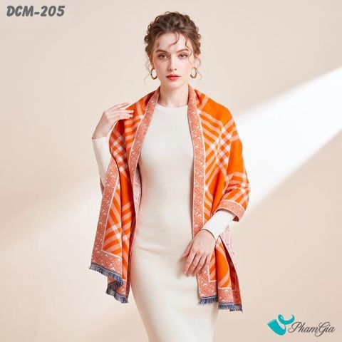 Khăn Choàng Dạ De Cash Giữ Ấm Cao Cấp Họa Tiết Retro Kẻ Sọc Phối Màu Cam Hiện Đại (DCM205)