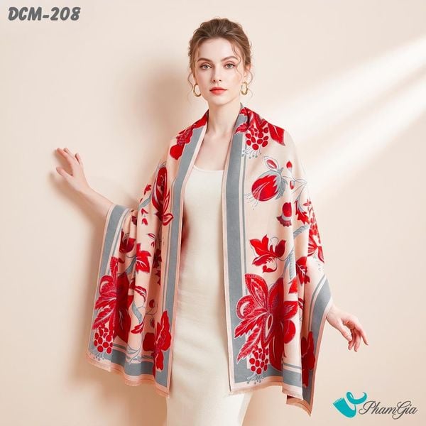 Khăn Choàng Dạ De Cash Giữ Ấm Cao Cấp Họa Tiết Hoa Lựu Màu Đỏ Ruby Ấn Tượng (DCM208)