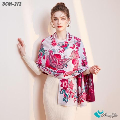Khăn Choàng Dạ De Cash Giữ Ấm Cao Cấp Họa Tiết Hoa Đỏ Phối Nền Beige Quyến Rũ (DCM212)