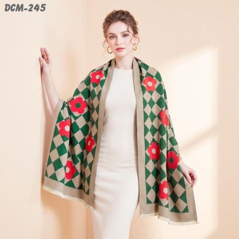 Khăn Choàng Dạ De Cash Giữ Ấm Cao Cấp Họa Tiết Caro Màu Xanh Phối Hoa Mai Độc Đáo (DCM245)
