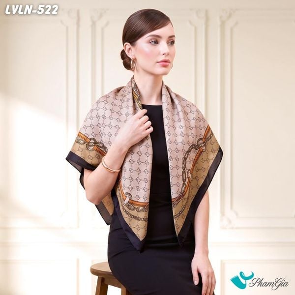 Khăn Lụa Vuông Luna 90X90Cm Họa Tiết Monogram Phối Dây Xích Màu Be Viền Đen Sang Trọng (LVLN522)