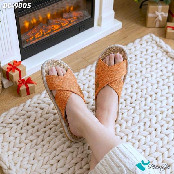 Dép Cói Quai Chéo Bo Viền Canvas Cao Cấp Màu Cam Gạch (DC9005)