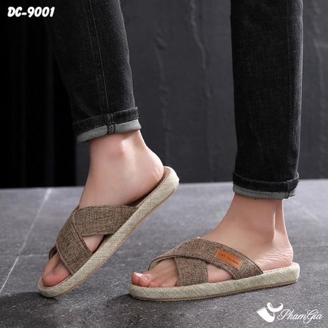 Góc Nghiêng Dép Cói Quai Chéo Bo Viền Canvas Cao Cấp Màu Nâu Beige