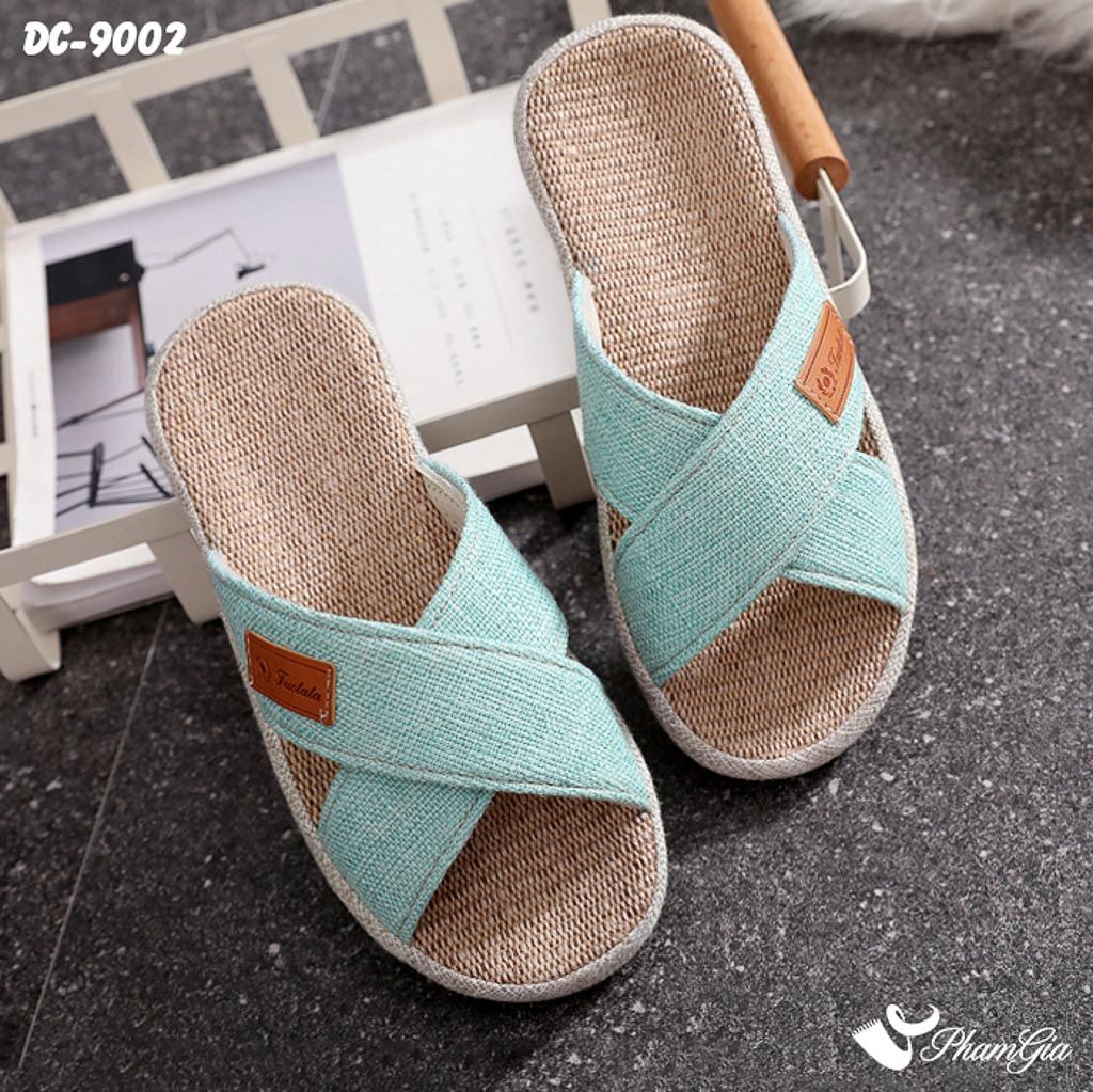 Dép Cói Quai Chéo Bo Viền Canvas Cao Cấp Màu Xanh Ngọc