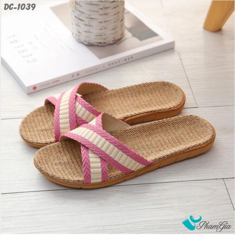Góc Nghiêng Dép Cói Quai Chéo Phối Màu Kem - Hồng