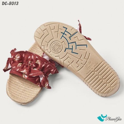 Góc Trên Dép Cói Quai Ngang Cao Cấp Phối Bèo Họa Tiết Hoa Lá Màu Đỏ Đô