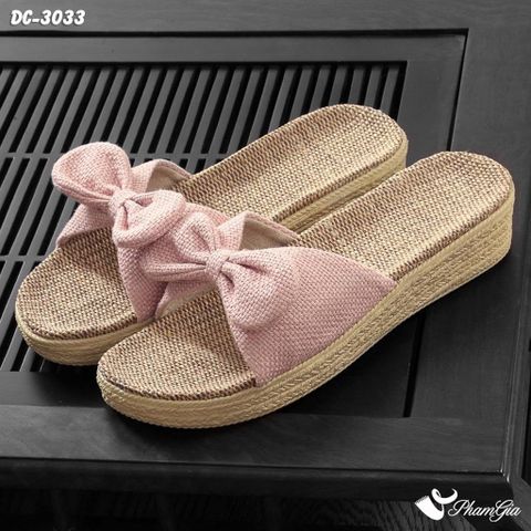 Dép Cói Quai Nơ Canvas Đế Cao 4cm Màu Hồng Pastel