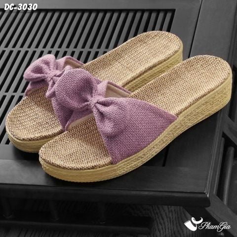 Dép Cói Quai Nơ Canvas Đế Cao 4cm Màu Tím Hoa Cà