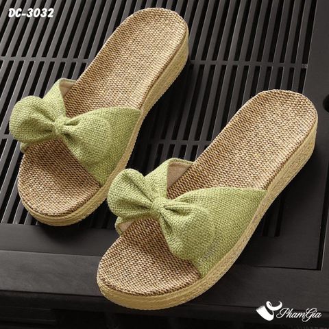Góc Nghiêng Dép Cói Quai Nơ Canvas Đế Cao 4cm Màu Xanh Bơ