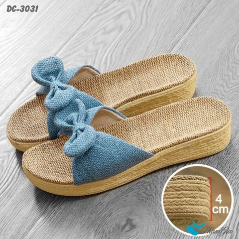 Góc Trên Dép Cói Quai Nơ Canvas Đế Cao 4cm Màu Xanh Navy