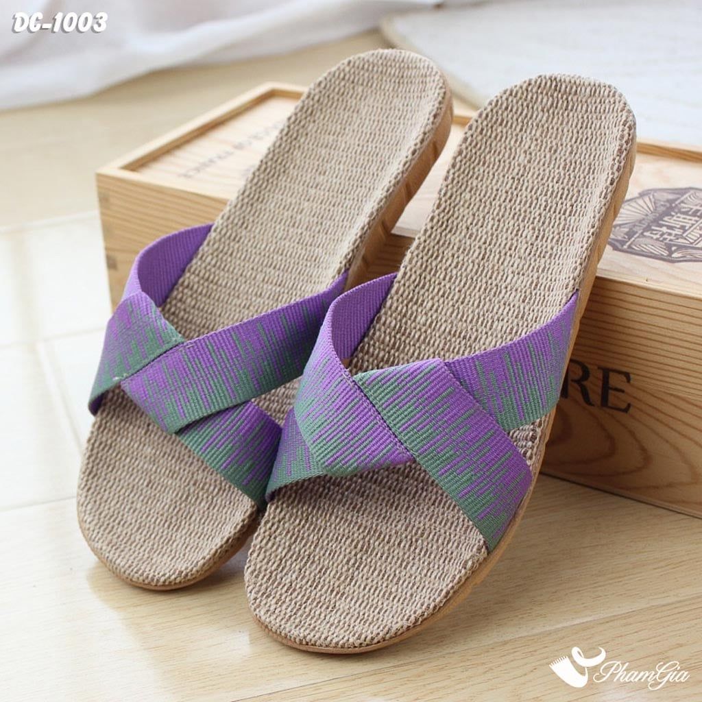 Góc Nghiêng Dép Cói Thổ Cẩm Quai Chéo Màu Tím Violet