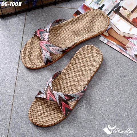 Góc Nghiêng Dép Cói Thổ Cẩm Quai Chéo Màu Xám - Cam