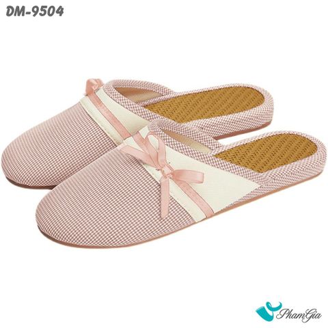 Dép Mây Bít Mũi Cao Cấp Họa Tiết Caro Phối Nơ Màu Hồng Pastel