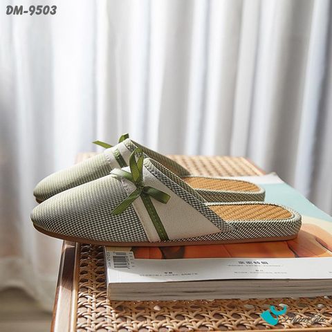 Dép Mây Bít Mũi Cao Cấp Họa Tiết Caro Phối Nơ Màu Xanh Oliu