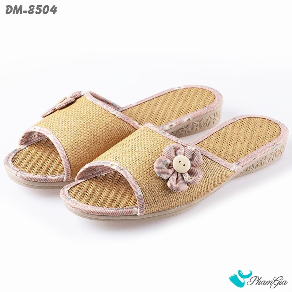 Dép Mây Quai Ngang Cao Cấp Đính Hoa Màu Xanh Đất