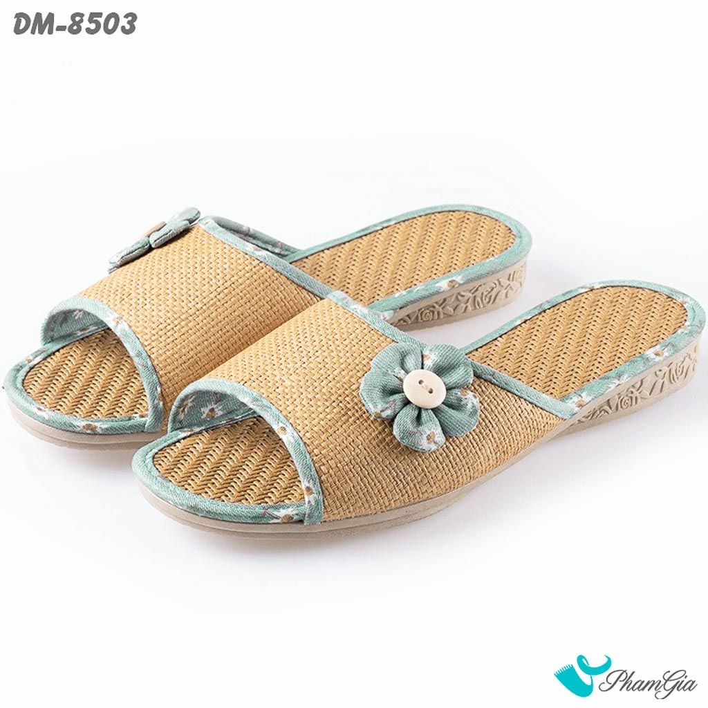 Dép Mây Quai Ngang Cao Cấp Đính Hoa Màu Xanh Ngọc