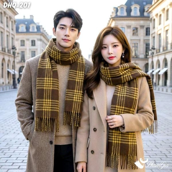 Khăn Choàng Dạ Cashmere Phong Cách Hàn Quốc Cao Cấp Họa Tiết Caro Màu Nâu (DHQ201)