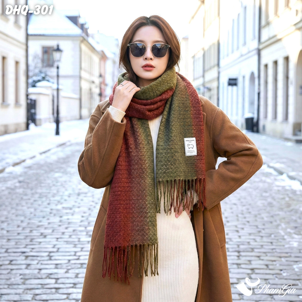 Khăn Choàng Dạ Cashmere Phong Cách Hàn Quốc Cao Cấp Phối Màu Xanh Rêu - Cam Đất Ombre (DHQ301)