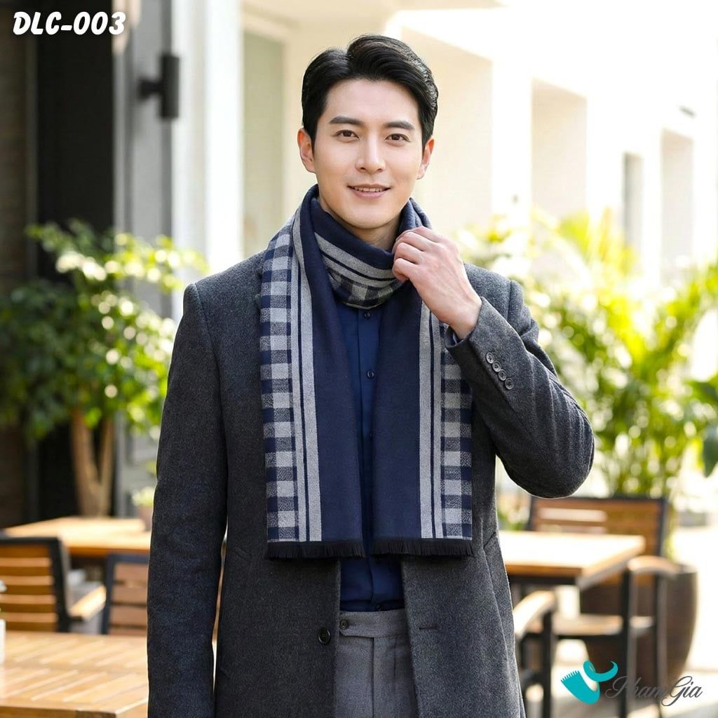 Khăn Choàng Dạ Cashmere Nam Cao Cấp Họa Tiết Ô Vuông Kẻ Sọc Màu Xanh Navy (DLC003)