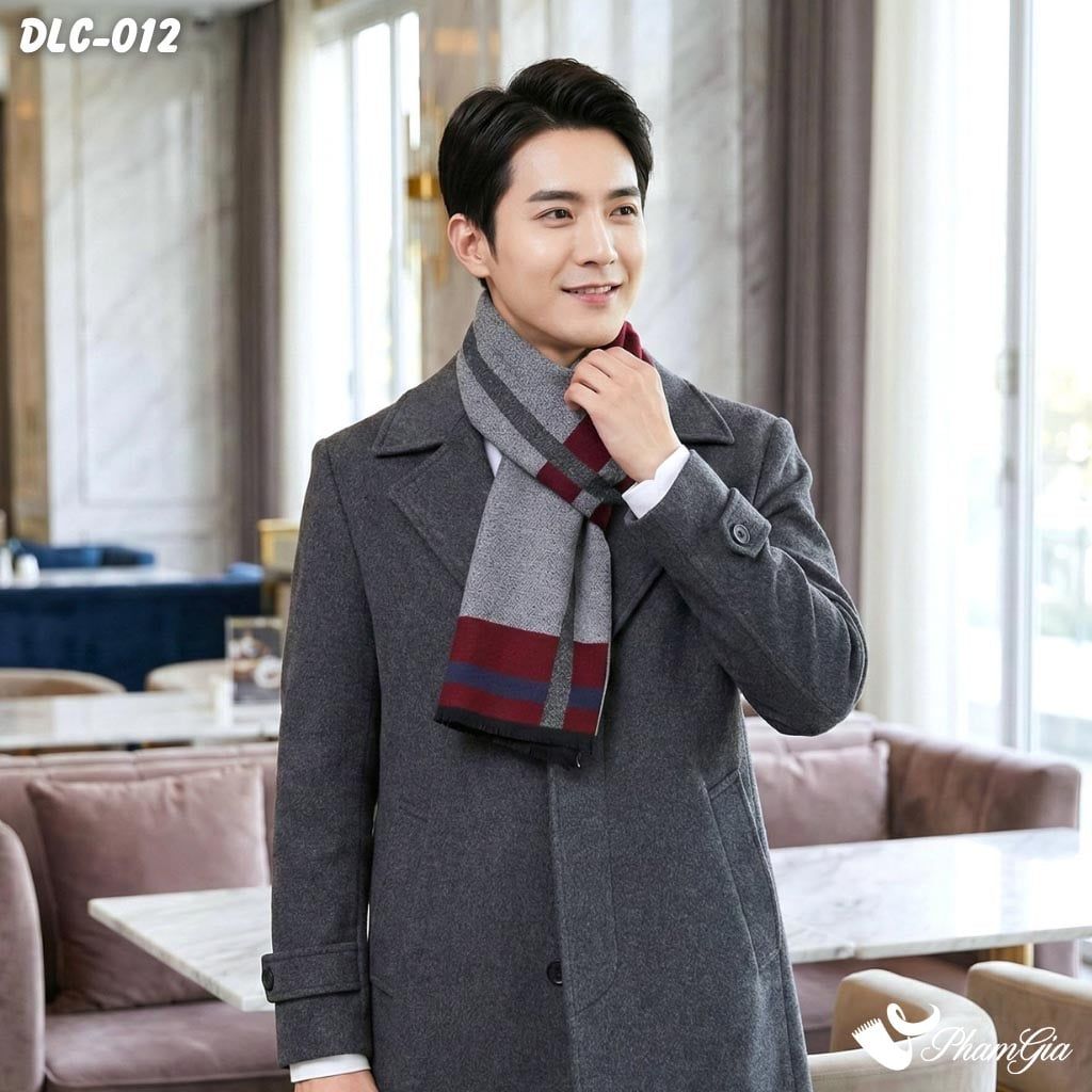 Khăn Choàng Dạ Cashmere Nam Cao Cấp Màu Xám Khói Phối Sọc Đỏ Đô (DLC012)