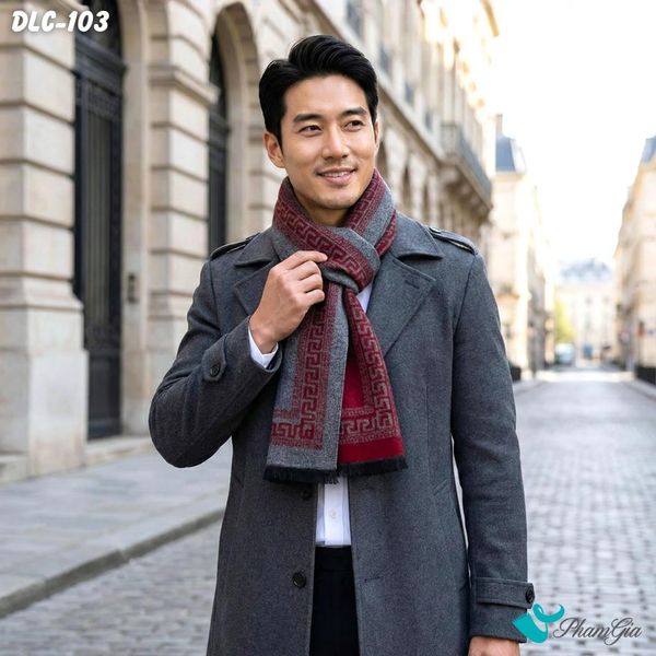 Khăn Choàng Dạ Lông Cừu Họa Tiết Hy Lạp Màu Đỏ - Xám Cá Tính Cho Nam (DLC103)