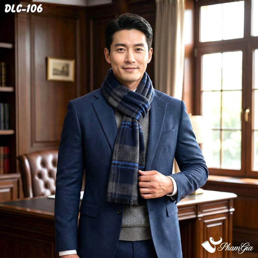 Khăn Choàng Dạ Lông Cừu Họa Tiết Caro Màu Xanh Than Cá Tính Cho Nam (DLC106)