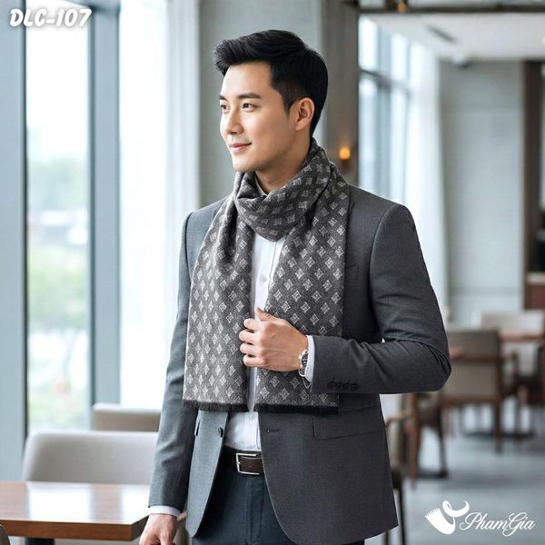 Khăn Choàng Dạ Lông Cừu Họa Tiết Monogram Màu Xám Cá Tính Cho Nam (DLC107)