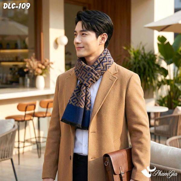 Khăn Choàng Dạ Lông Cừu Họa Tiết Hình Học Màu Nâu - Xanh Navy Cá Tính Cho Nam (DLC109)