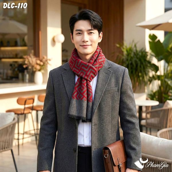 Khăn Choàng Dạ Lông Cừu Họa Tiết Hình Học Màu Xám - Đỏ Cá Tính Cho Nam (DLC110)