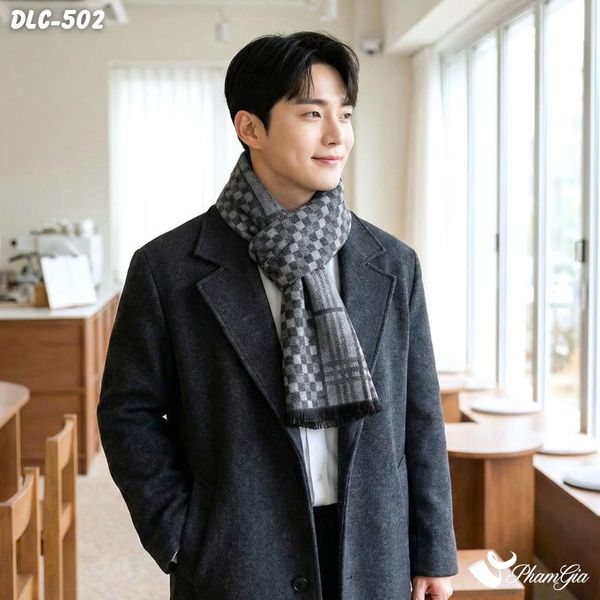 Khăn Choàng Dạ Lông Cừu Cao Cấp Họa Tiết Caro Màu Xám Ghi Lịch Lãm Cho Nam (DLC502)