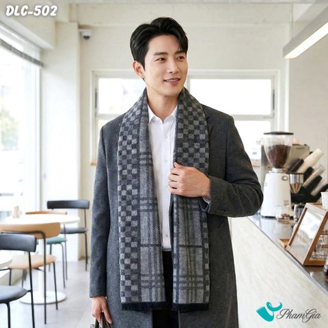 Khăn Choàng Dạ Lông Cừu Cao Cấp Họa Tiết Caro Màu Xám Ghi Lịch Lãm Cho Nam (DLC502)