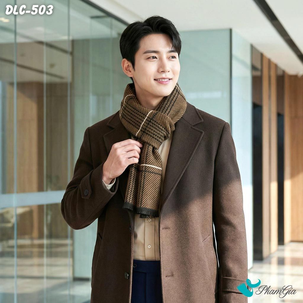 Khăn Choàng Dạ Lông Cừu Cao Cấp Họa Tiết Caro Phối Sọc Màu Nâu Lịch Lãm Cho Nam (DLC503)